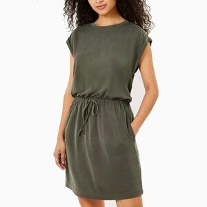 Lou & Grey LOFT Sandwashed Drawstring Pocket Dress | Olive Green | XS